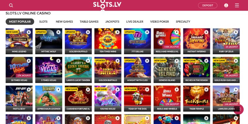 Slots.lv casino homepage showcasing slot games and jackpots