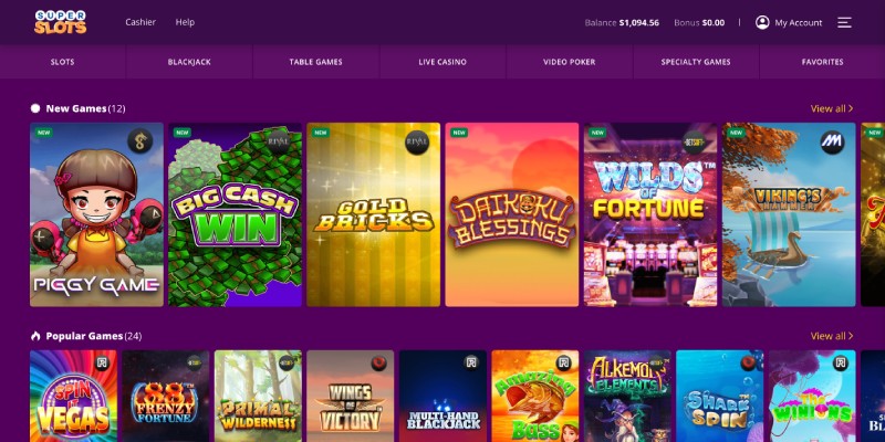 Super Slots casino homepage featuring game selection and welcome bonus