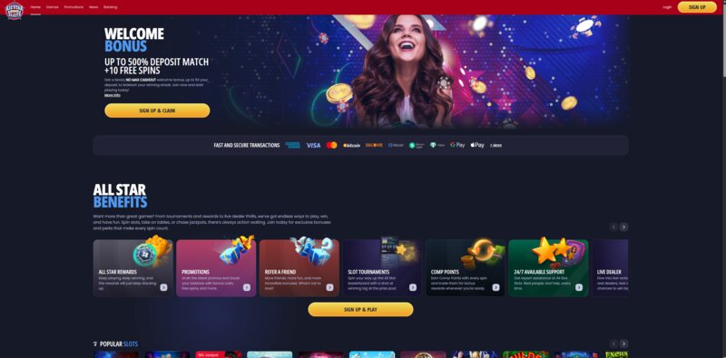 All Star Slots casino homepage showing 500% deposit match welcome bonus