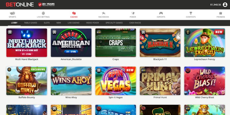 BetOnline casino and sportsbook homepage with promotions