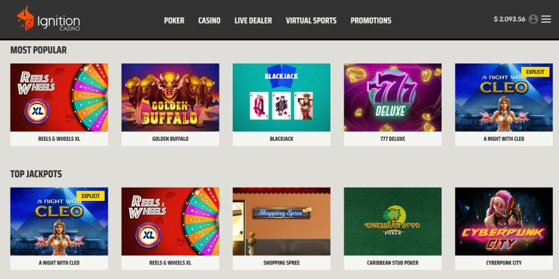 Ignition Casino homepage showing welcome bonus and game lobby